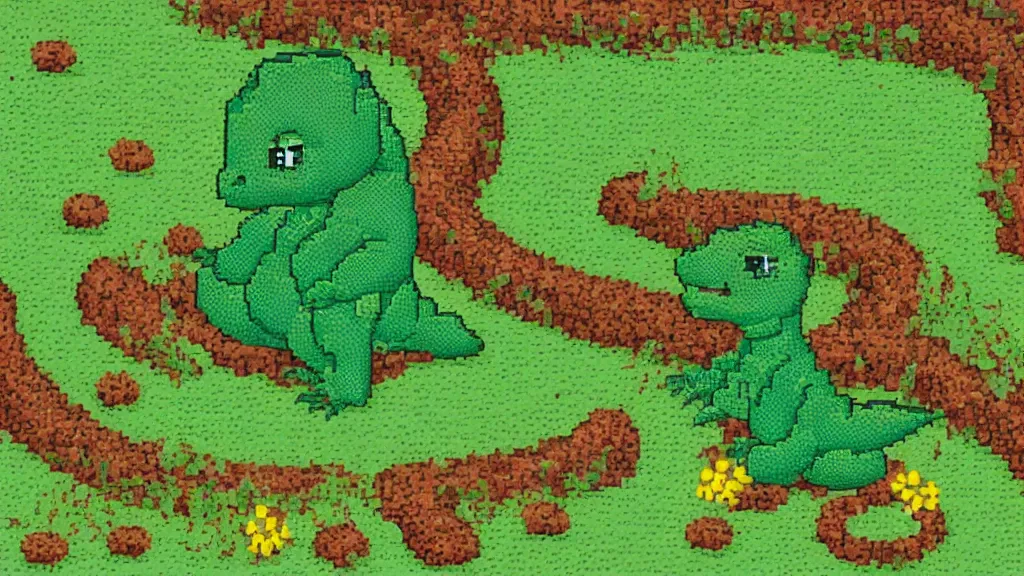Prompt: a pixelart of a baby dinosaur in a green park.