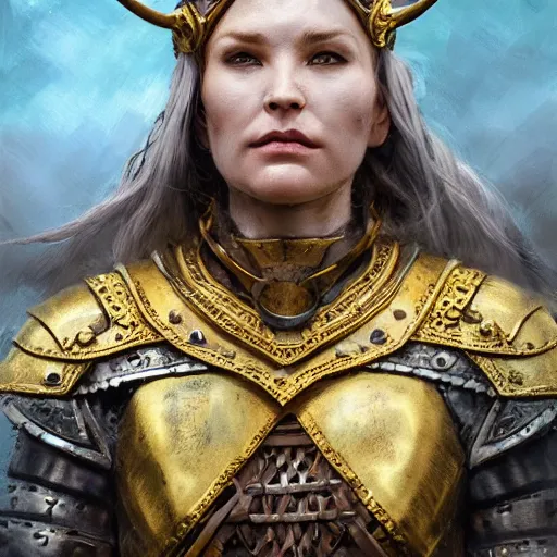 Image similar to Portrait of a majestic fierce viking woman, highly detailed, viking attire, gold plated chest plate, armor skirt, cinematic, 8k, 1080s, by Stanley Artgermm, Tom Bagshaw, Greg Rutkowski, Vincent di Fate, Carne Griffiths, Ayami Kojima, trending on DeviantArt, hyper detailed, full of color, digital art,