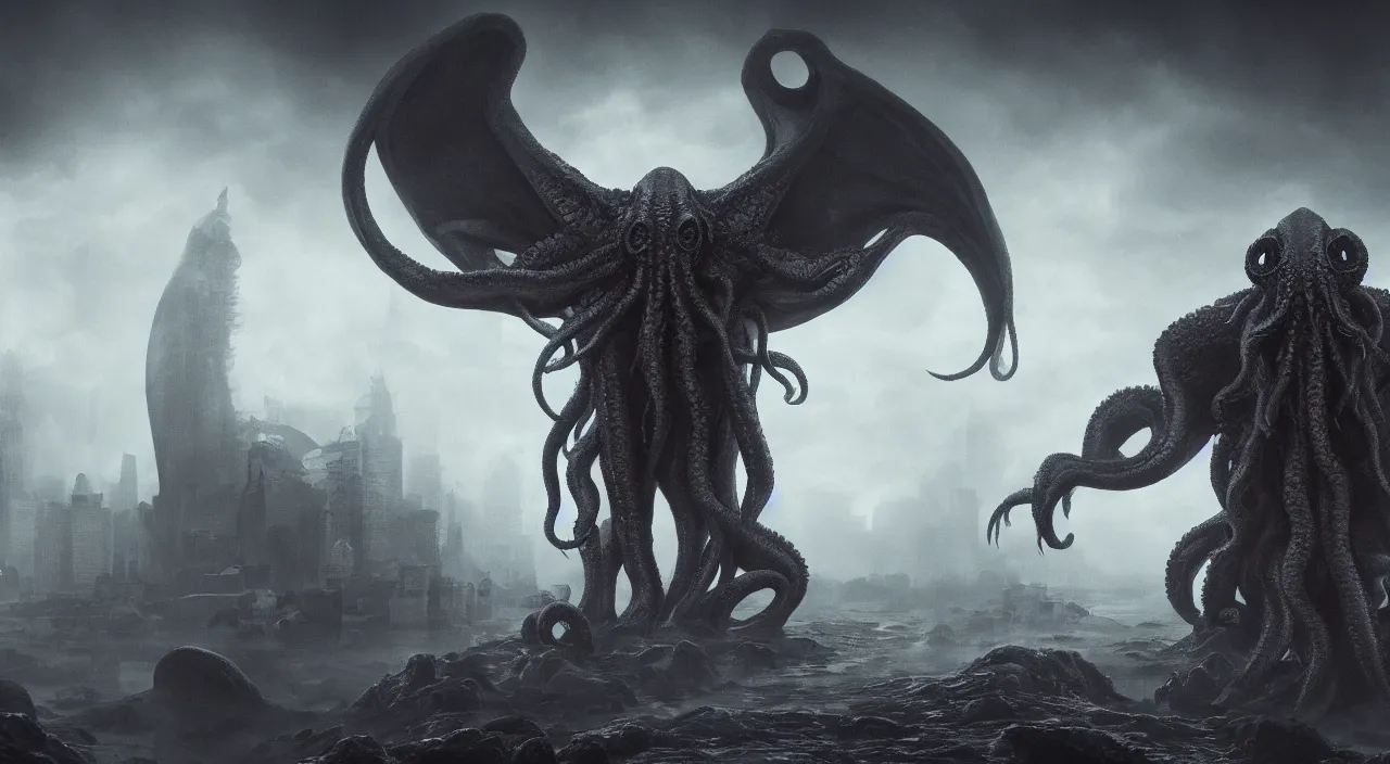 Image similar to cthulhu emerging from a thick fog in the center of a metropolitan city, large scale, breathtaking, mixed media, digital art, trending on artstation, 8k, epic composition, highly detailed, AAA graphics