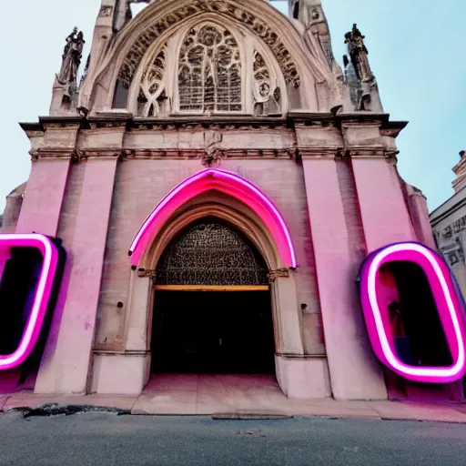 Prompt: A pink neon sign with rounded lowercase letters spelling ODOO above the front door of a cathedral