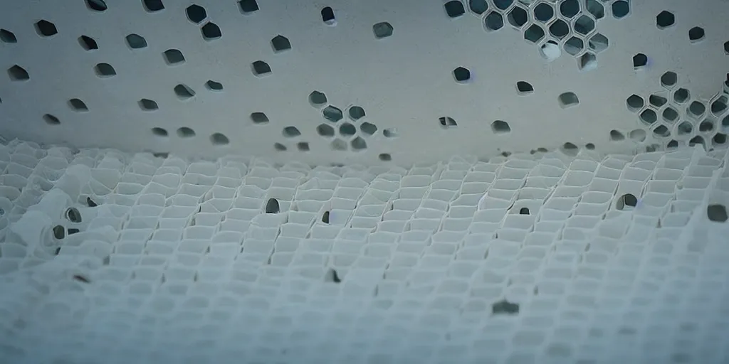 Image similar to real white honeycomb organic building, film still from the movie directed by denis villeneuve aesthetic with art direction by zdzisław beksinski, telephoto lens, shallow depth of field