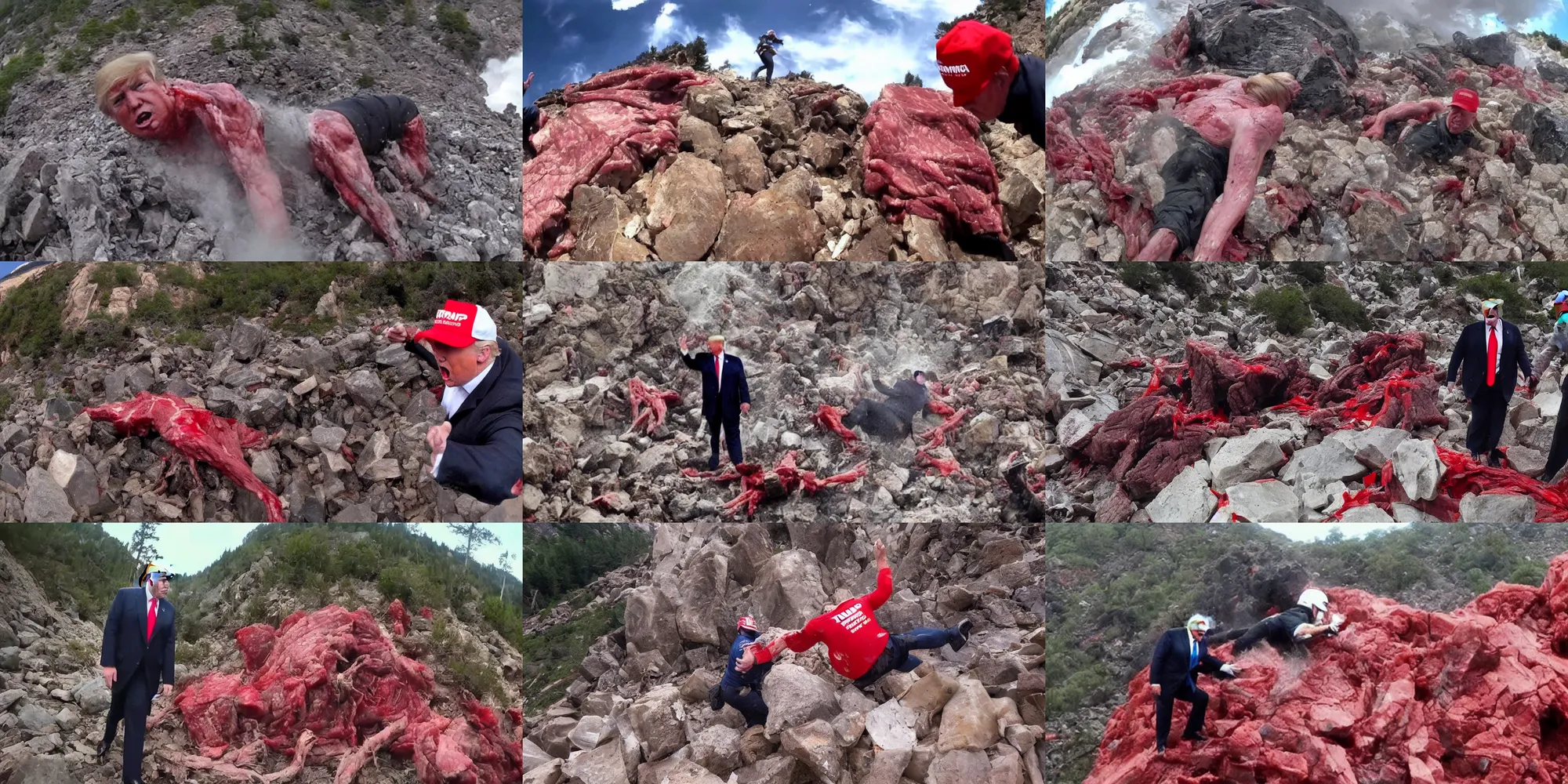 Prompt: gopro footage of donald trump getting mangled in a rockslide, blood and bone, wet shredded red meat