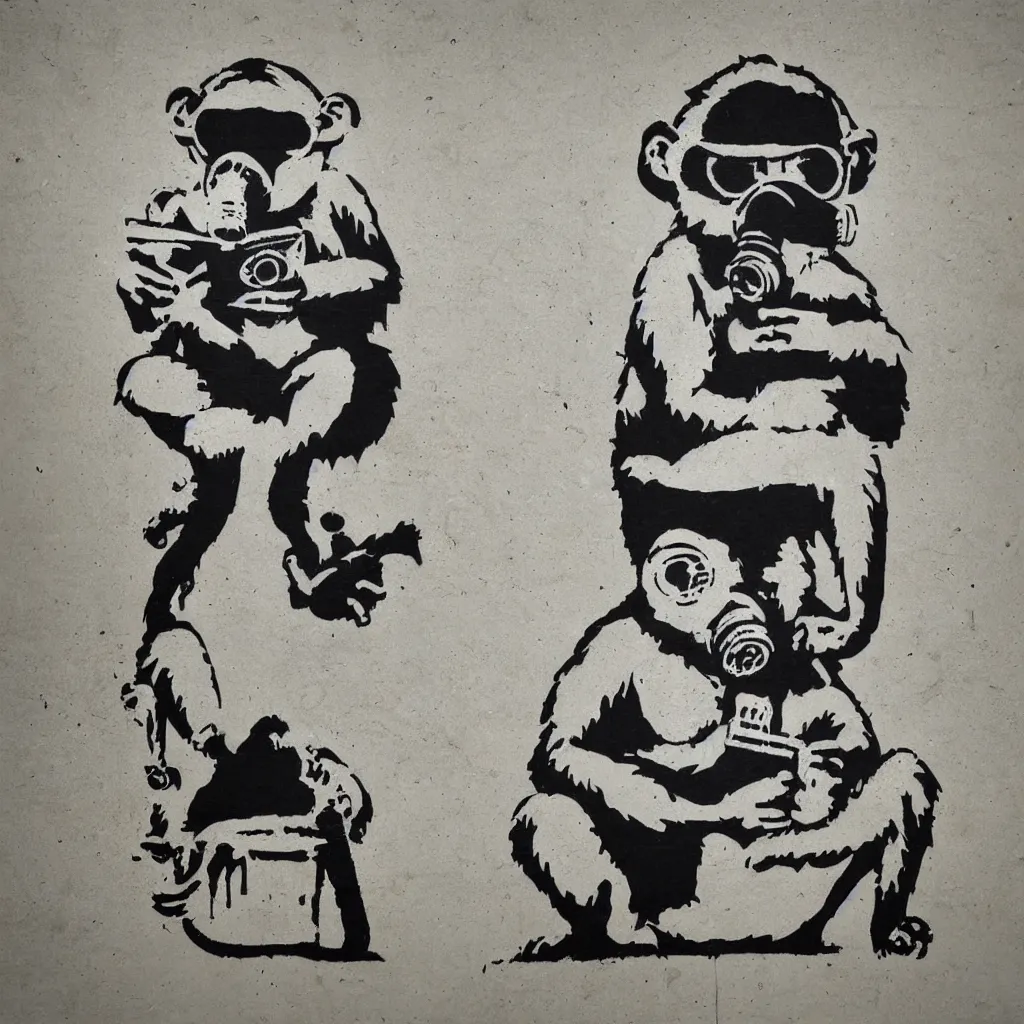 Prompt: Monkey reading a book, wearing a gas mask, graffiti, symbol, minimal, minimalism, edge to edge, solid color background intricate, highly detailed, smooth, sharp focus, detailed face, high contrast, art by banksy