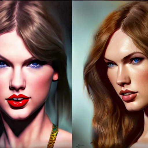 Prompt: taylor swift and megan fox by greg rutkowksi and artgerm, extreme detail, 8 k, intricate abstract, unreal engine tech demo