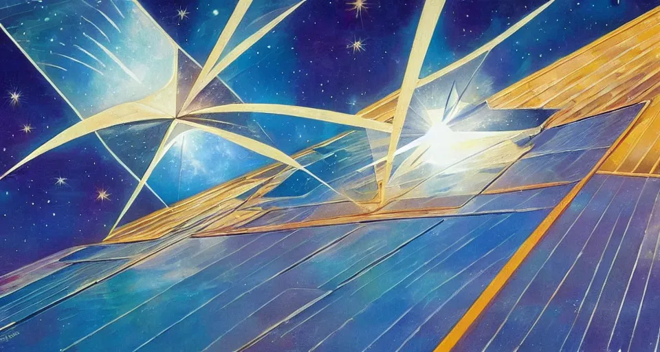 Image similar to giant solar sail, floating in space blocking the sun, art deco painting