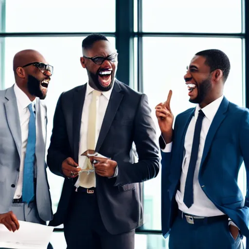 Prompt: stock photo of three black people laughing wearing suits and ties in an office building, 8k resolution, full HD, cinematic lighting, award winning, anatomically correct