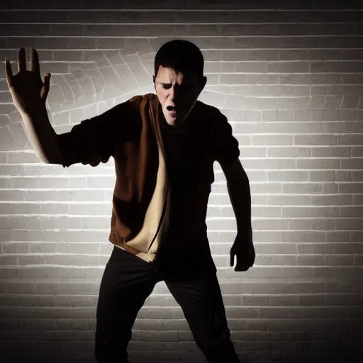 Image similar to incredible cinematic image of young angry man trying to fight his own shadow at the white brick wall, studio shot, dynamic lighting, high definition, highly detailed, photo-realistic, unreal engine render, 16k