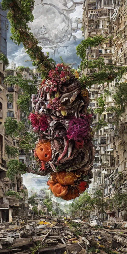 Image similar to giant grotesque flower in the middle of abandoned alien cityscape, ultradetailed by Giuseppe Arcimboldo and Josan Gonzalez