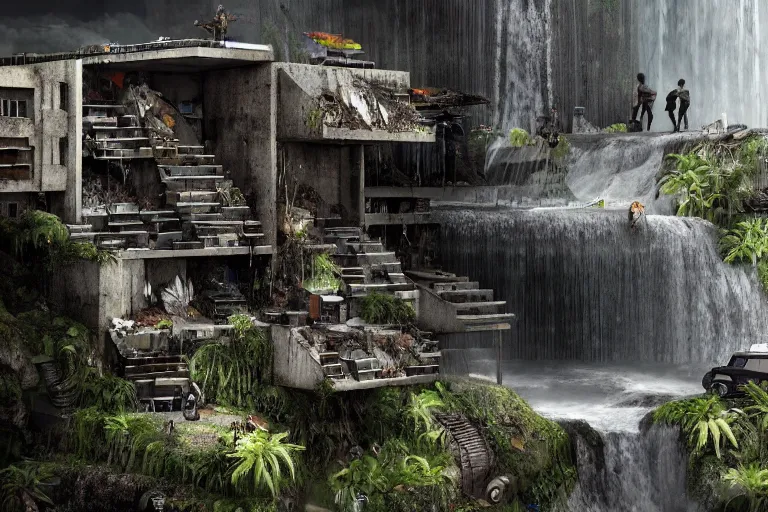 Image similar to favela bunker insect hive, brutalist waterfall environment, industrial factory, spooky, award winning art, epic dreamlike fantasy landscape, ultra realistic,