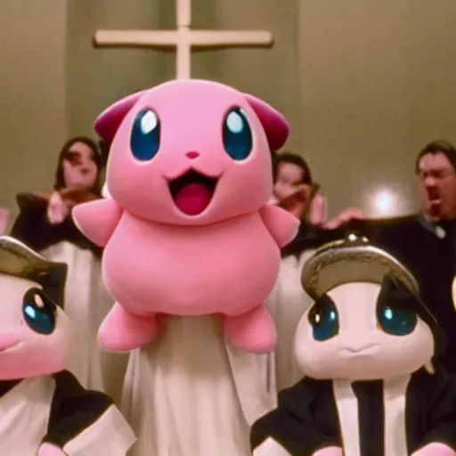 Image similar to film still of jigglypuff singing in a worship choir at a baptist church from the movie pokemon