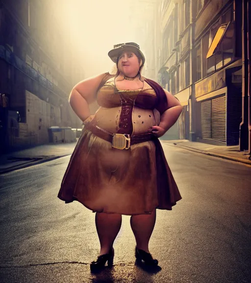 Image similar to portrait of a steampunk fat woman, volumetric lighting, cinematic,4k,35mm,street photo, epic