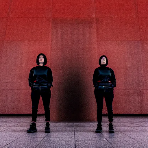 Image similar to photograph of 2 women wearing black techwear in front of a brutalist sharp - edged metal building, on a desolate plain, red eerie sky, sigma 8 5 mm f / 1. 4, 4 k, depth of field, high resolution, highly detailed, 4 k, 8 k, hd, full color