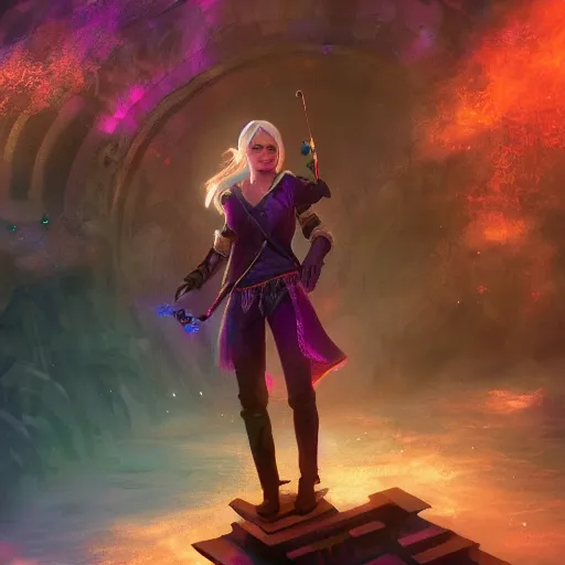 Prompt: Long Shot of ciri in mysterious astral temple jumpin with pistol in river of chromatic SPIRITS , beautiful, dmt, trending on artstation, omnious, soft, hypermaximalistic, high details, cinematic, 8k resolution, artwork by Wong, Liam