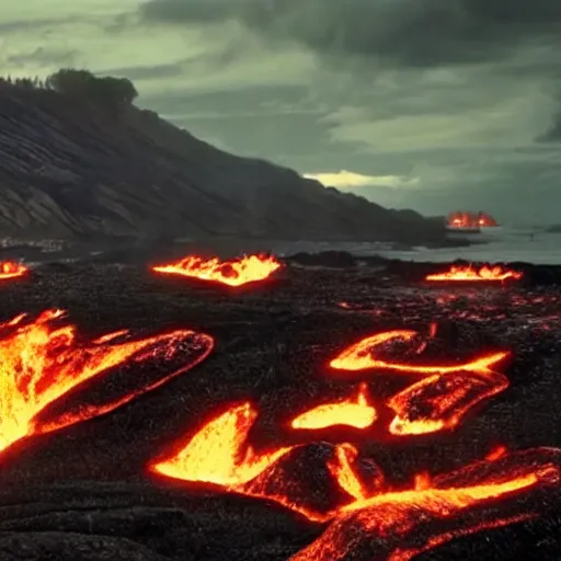 Image similar to movie still of an epic battle, lava in the background, highly-detailed, establishing shot, realistic