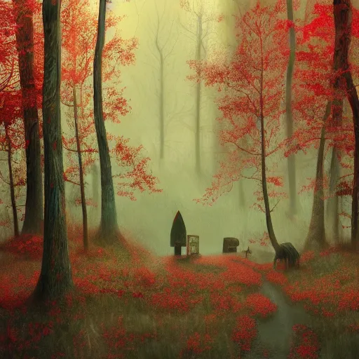 Prompt: baba-yaga house forest in an autumn forest, green and red tones, by Aron Wiesenfeld and beksincki, cinematic, detailed illustration, nature, fog, dark colors, suspense, intricate, 8k