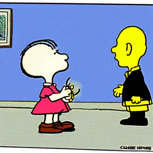 Image similar to a cartoon of joe biden as lucy pulling away the nuclear football before trump as charlie brown can kick it, cartoon in the style of peanuts by charles schulz