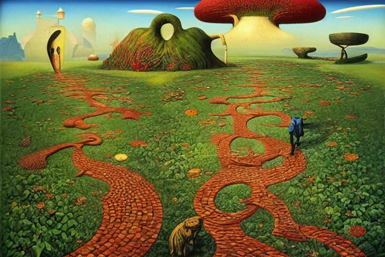 Prompt: the path less taken by jacek yerka, roger dean and salvadore dali