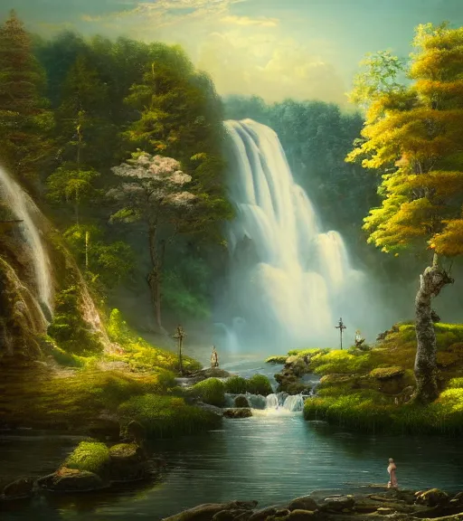Image similar to the most beautiful panoramic landscape, oil painting, where a giant dreamy waterfall creates a river, the trees around are starting to bloom, cinematic lighting, highly detailed