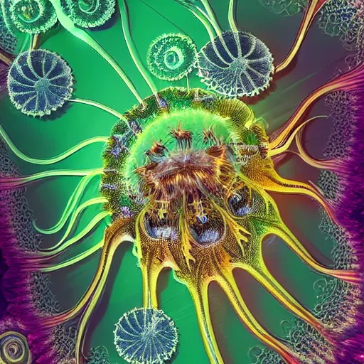 Image similar to strange, hyper detailed, fractal jellyfish, mutant, tendrils, tentacles, glowing, underdater picture, tropical, crystal waters, reef