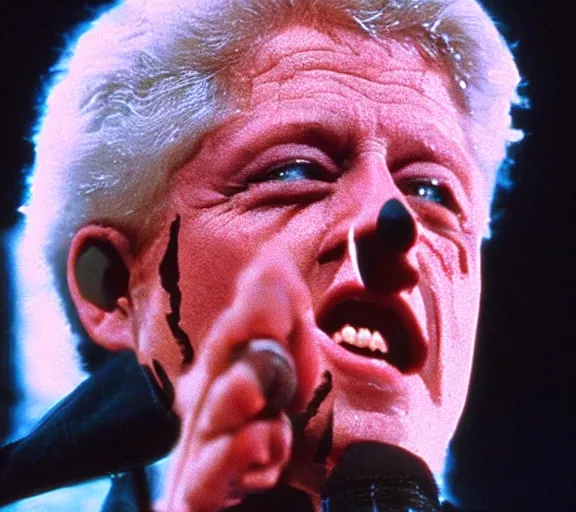 Image similar to color still shot of bill clinton lead singer performing in music group insane clown posse, face closeup