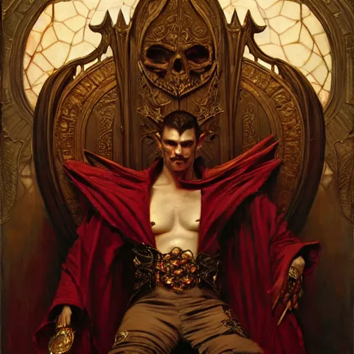 Image similar to perfectly centered portrait of attractive vampire king in a robe sitting on a throne of bones, highly detailed painting by gaston bussiere, craig mullins, j. c. leyendecker, 8 k