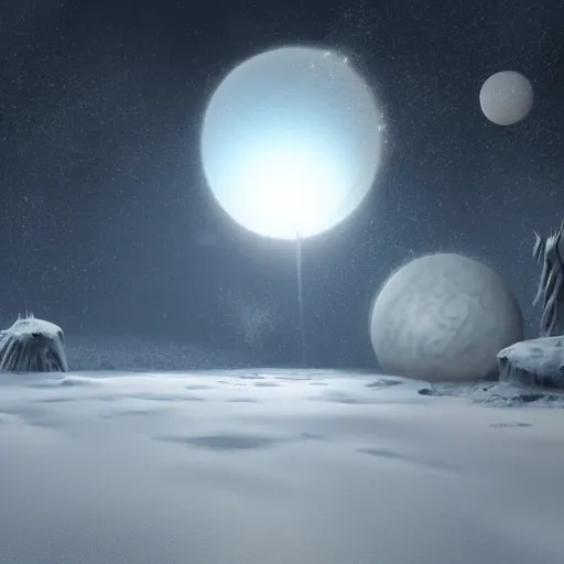 Image similar to concept art of a snow covered planet, snowstorm, ice, ice spikes, planet, space, concept art