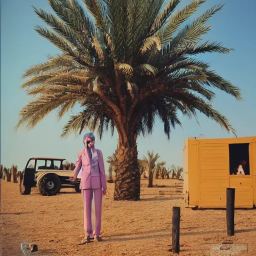 Prompt: polaroid of a city girl with expensive suit in the middle of a farm, in diriyah, palm trees, baby goats, chickens, 8 k, film poster as directed by wes anderson