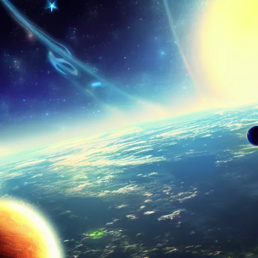 Prompt: anime style hd wallpaper of outer space with a view of a blue and green planet below