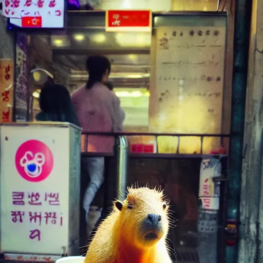 Image similar to capybara drinking bubble tea in cyberpunk seoul