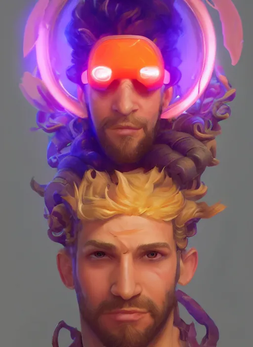 Image similar to glowwave portrait of curly orange hair man from overwatch, au naturel, hyper detailed, digital art, trending in artstation, cinematic lighting, studio quality, smooth render, unreal engine 5 rendered, octane rendered, art style by klimt and nixeu and ian sprigger and wlop and krenz cushart.