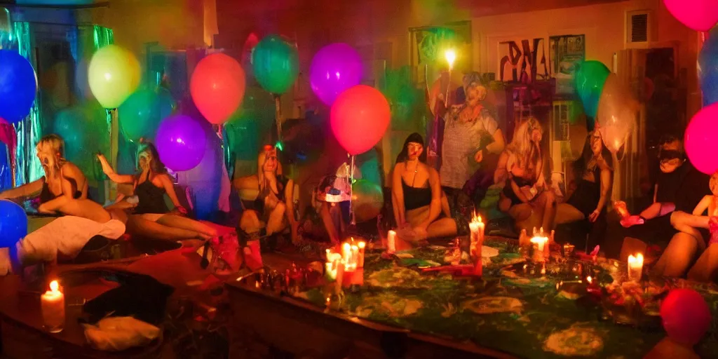 Image similar to opening shot of a party at midnight, indoors, bay area, candles, hot tub, friendship, fun, peyote colors, cinematic movie still