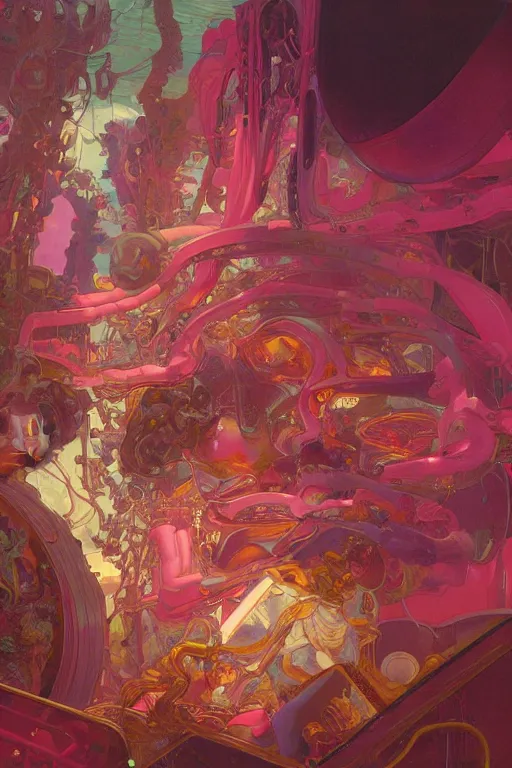 Prompt: interior of a Stomach digesting filled with glowing pink water, Digestion Acid, Skeleton, Cross section, Claustrophobic, seapunk Mecha , vaporwave , digital art, artstation, by WLOP, Ilya repin, alphonse mucha., Very highly detailed 8K, octane, Digital painting, the golden ratio,