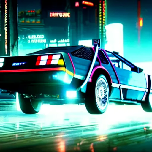 Image similar to flying dmc 1 2 delorean in cyberpunk 2 0 7 7