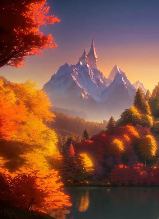 Image similar to a wholesome animation key shot, castle in the middle, swiss alps in the background, autumn foliage in the foreground, studio ghibli, pixar and disney animation, sharp, rendered in unreal engine 5, anime key art by greg rutkowski, bloom, dramatic lighting