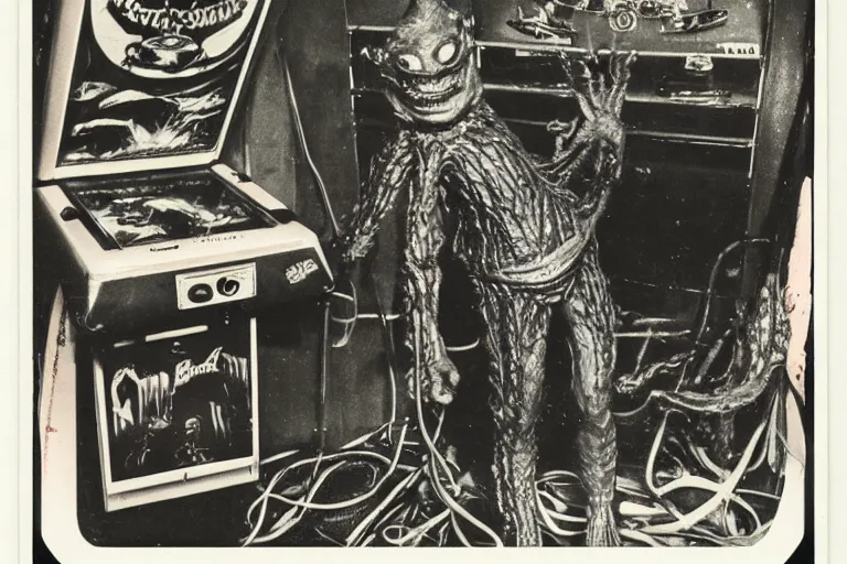 Prompt: vintage pinball machine, creature from the black lagoon, polaroid photo