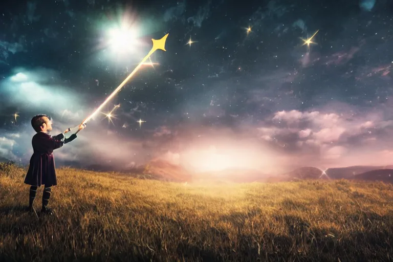 Image similar to a young wizard points their wand, a blast of bright magic flies from the end of the wand, on an empty moonlit moor, dramatic lighting, lens flare, cinematic photography