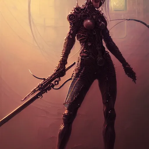 Image similar to a highly detailed long shot photo of cyberpunk female character by ayami kojima, elf, beksinski, giger, elf, wielding scythe, intricate, digital painting, artstation, concept art, smooth, sharp focus, full body