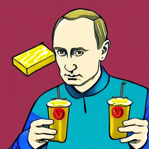 Image similar to a person looking like vladimir putin eating piccolo with sponch bob, digital painting