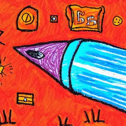 Prompt: a rocket launch drawn by a child in crayon