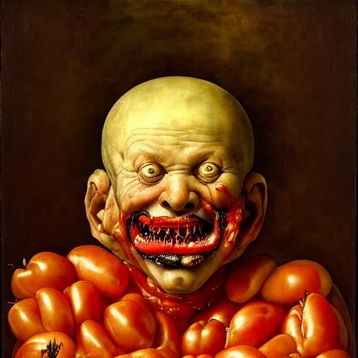 Image similar to a chef sitting in a bathtub full of tomato sauce, looking straight into camera, screaming in pain, by giuseppe arcimboldo and ambrosius benson, renaissance, fruit, intricate and intense oil paint, a touch of beksinski and hr giger, realistic