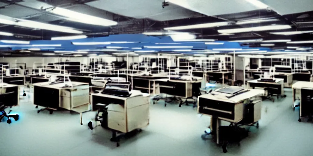 Image similar to a large 1970's computing room with 9-track machines and glowing screens. by IBM by Amdahl.