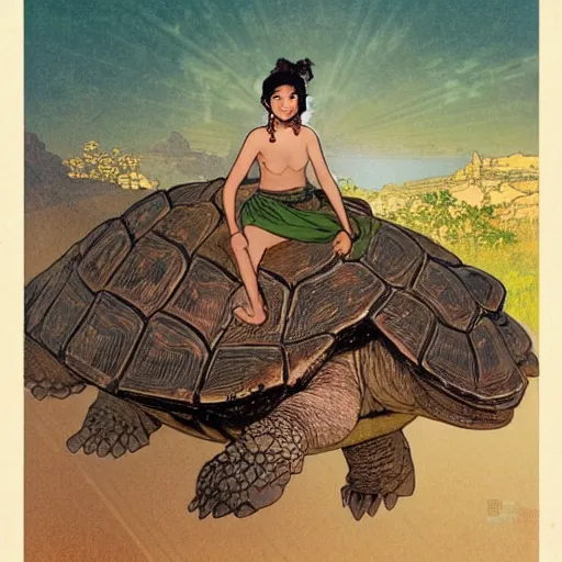 Image similar to a little warrior girl sitting on top of a giant turtle that is walking in the desert, seen from a distance. the girl has dark skin and beautiful green eyes, realistic full body and a very beautiful detailed symmetrical face with long black hair. diffuse light, dramatic sky and landscape, fantasy illustration by mucha