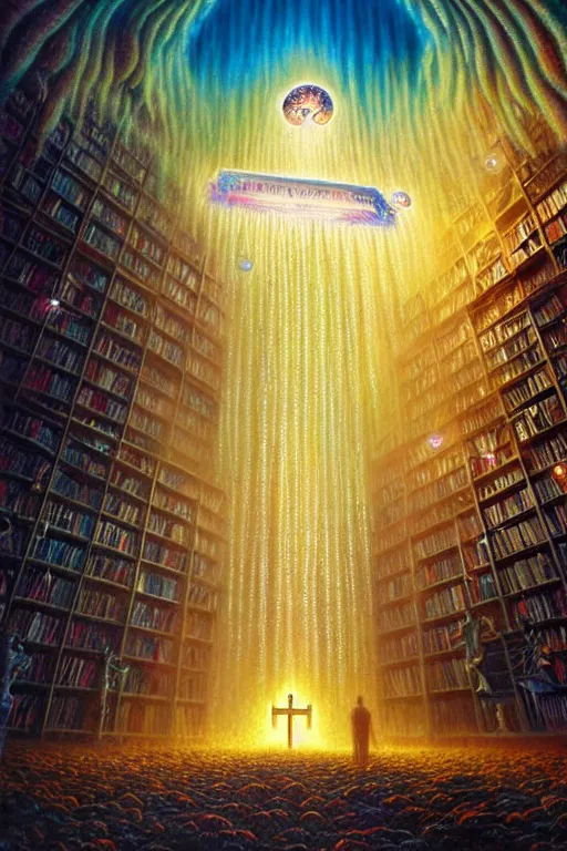 Prompt: a photorealistic detailed cinematic image of lost soul crossing in to the afterlife. sacred library of memories, met by friends and family, overjoyed, emotional by pinterest, david a. hardy, kinkade, lisa frank, wpa, public works mural, socialist