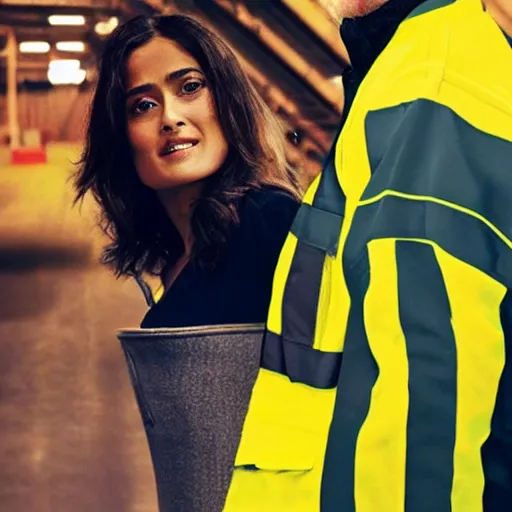 Image similar to photo, close up, salma hayek in a hi vis vest, in warehouse, android cameraphone, snapchat story screenshot, 2 6 mm,