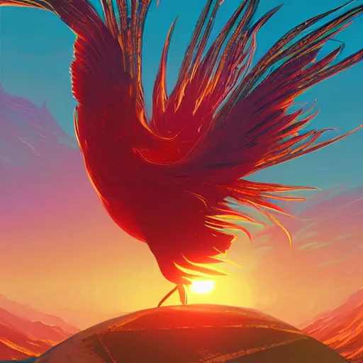 Prompt: the solarpunk phoenix, optimistic, red bird, ornate egg, regeneration, landscape, epic composition, volumetric light, bokeh, painting by ilya kuvshinov and by makoto shinkai