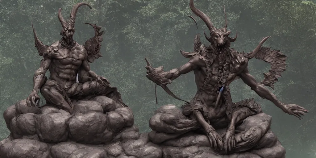 Image similar to a statue of a demon sitting on a rock by senior character artist, zbrush central contest winner, new sculpture, sketchfab, zbrush, rendered in maya