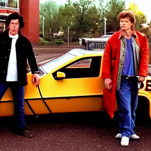 Prompt: Doc and Marty McFly standing in front of their delorian car, in the style of Futurama