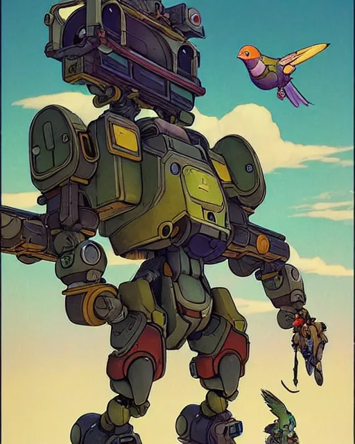 Image similar to bastion the friendly from overwatch, with his pet bird, character portrait, portrait, close up, concept art, intricate details, highly detailed, vintage sci - fi poster, retro future, in the style of chris foss, rodger dean, moebius, michael whelan, katsuhiro otomo, and gustave dore