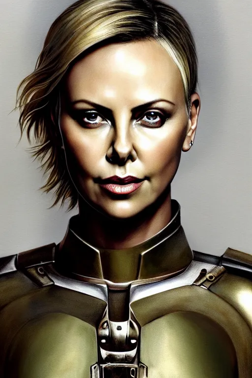 Image similar to a photorealistic painting of Charlize Theron, partially clothed in metal-plated battle armor, olive skin, long dark hair, beautiful bone structure, symmetrical face, perfect eyes, intricate, elegant, digital painting, concept art, illustration, sharp focus, minimal artifacts, from Metal Gear, in the style of Ruan Jia and Mandy Jurgens and Greg Rutkowski, trending on Artstation, award winning