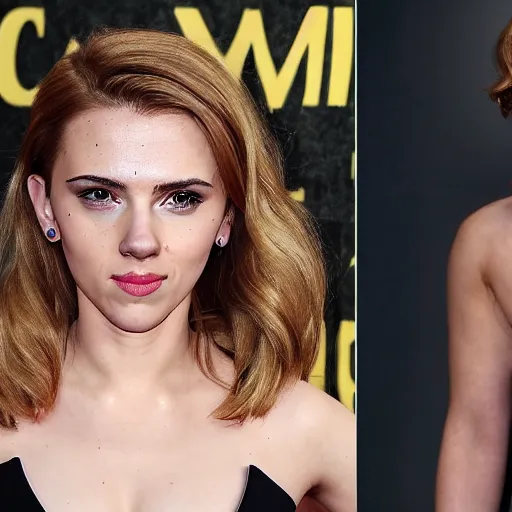 Image similar to a woman who is a genetic combination of scarlett johansson and emma watson face and upper - body focus